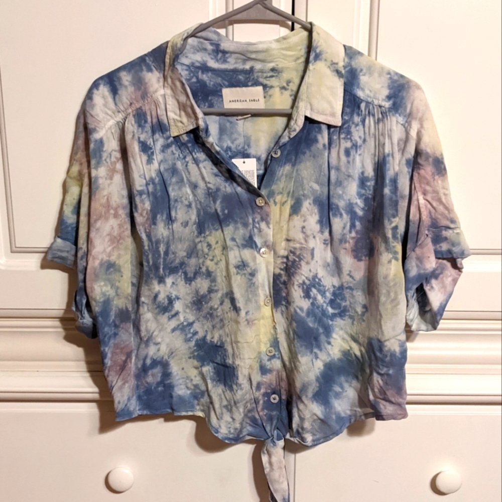 NWT Cropped Tie Dye Button Down with Front Tie